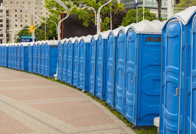 multiple portable restrooms in a neat and tidy row in Bound Brook